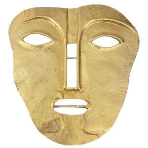 Maxine Denker Matte Gold Tone Tribal Face Mask Brooch, Unsigned